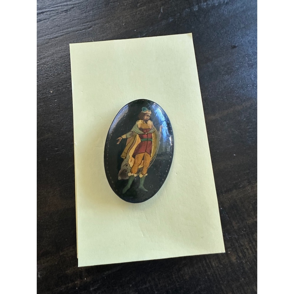 Vintage Enamel Pin Figural Man in Costume Brooch Oval Black Base EUC